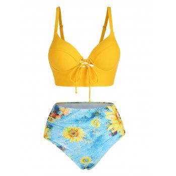 

Beach Tankini Swimsuit Bright Color Lace Up Underwire Push Up Sunflower Print High Waist Ruched Tummy Control Summer Swimwear, Yellow