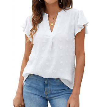 

Casual T Shirt Solid Color Swiss Dots V Neck Flutter Sleeve Summer Tee, White