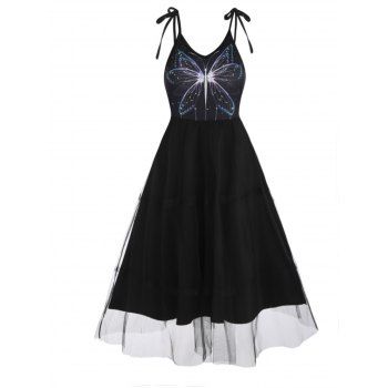 

Gothic Midi Casual Sundress Butterfly Print Tulle Overlay Tied High Waist A Line Summer Dress, Black