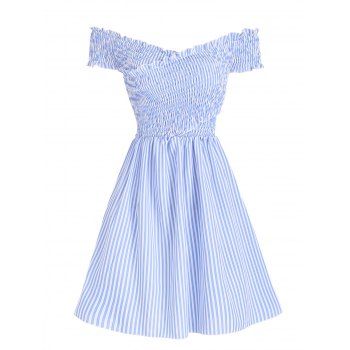 

Casual Mini Dress Striped Print Ruched Textured Off the Shoulder Crossover Summer A Line Dress, Light blue