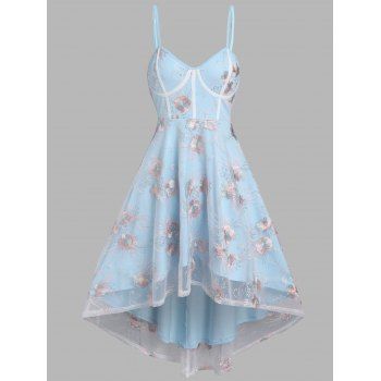 

Flower Embroidered Mesh Overlay High Low Dress Spaghetti Strap A Line Dress Bustier Party Dress, Light blue