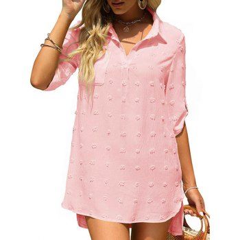 

Casual Shirt Dress Swiss Dot Front Pocket Turn Down Collar Slit A Line Mini Summer Dress, Light pink