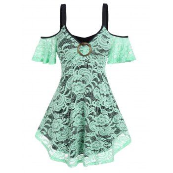 

Casual T Shirt Cold Shoulder Floral Lace Overlay O Ring Ringer Summer Tee, Light green