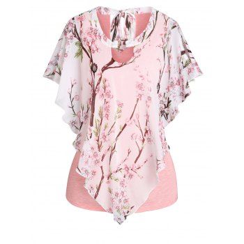 Peach Bloom Floral Asymmetric Chiffon T Shirt 2 In 1 Cut Out Heathered Summer Tee