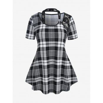 

Plus Size Lace Panel Plaid Tee, Black