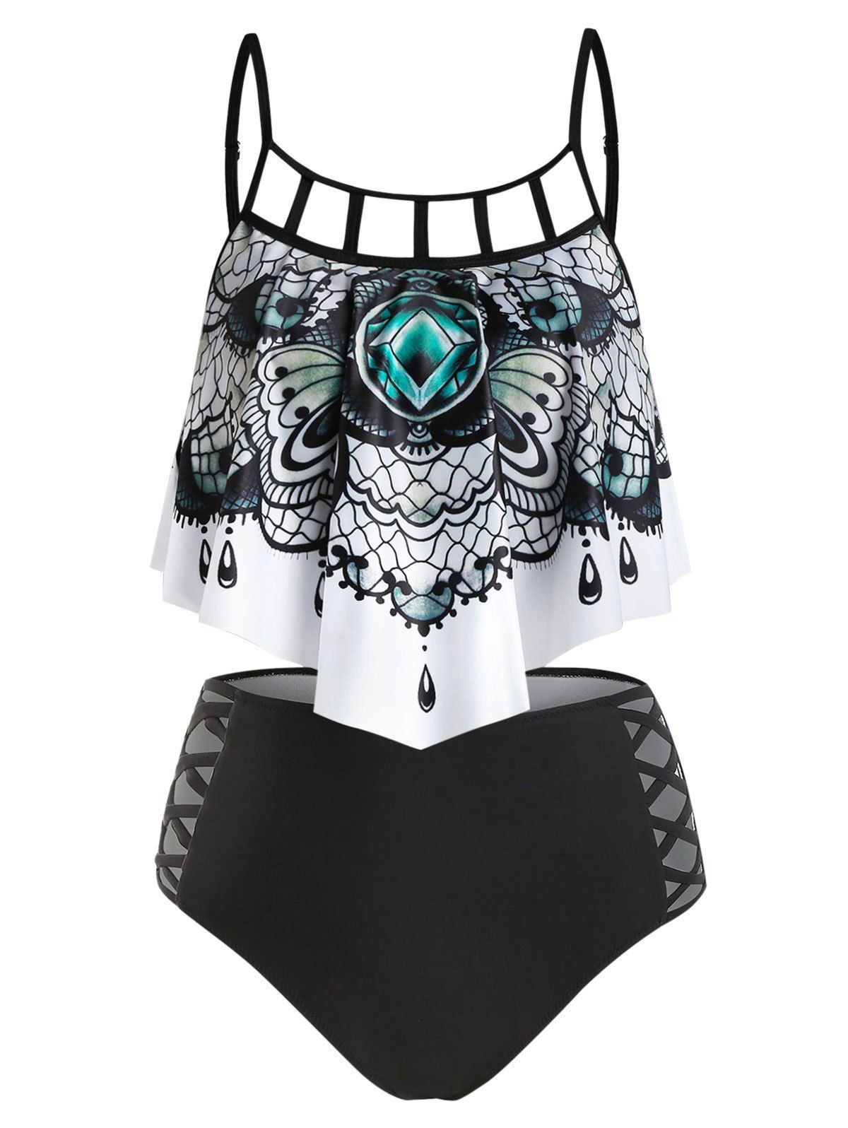 Plus Size Swimsuit Gothic Printed Two Piece Tankini Swimwear Set Flounce Tummy Control Bathing Suit - BLACK L