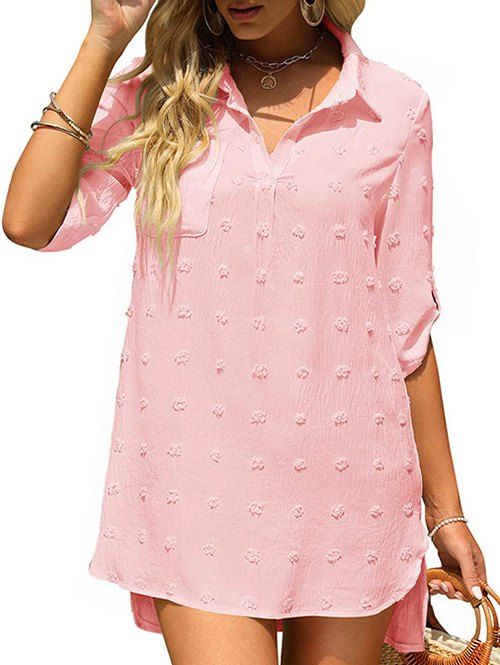 Casual Shirt Dress Swiss Dot Front Pocket Turn Down Collar Slit A Line Mini Summer Dress - LIGHT PINK M