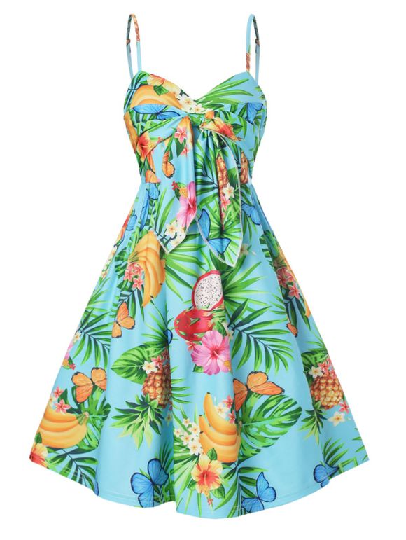 Tropical Print Beach Sundress Floral Fruit Knotted Front Summer Cami Empire Waist Dress - multicolor XXL