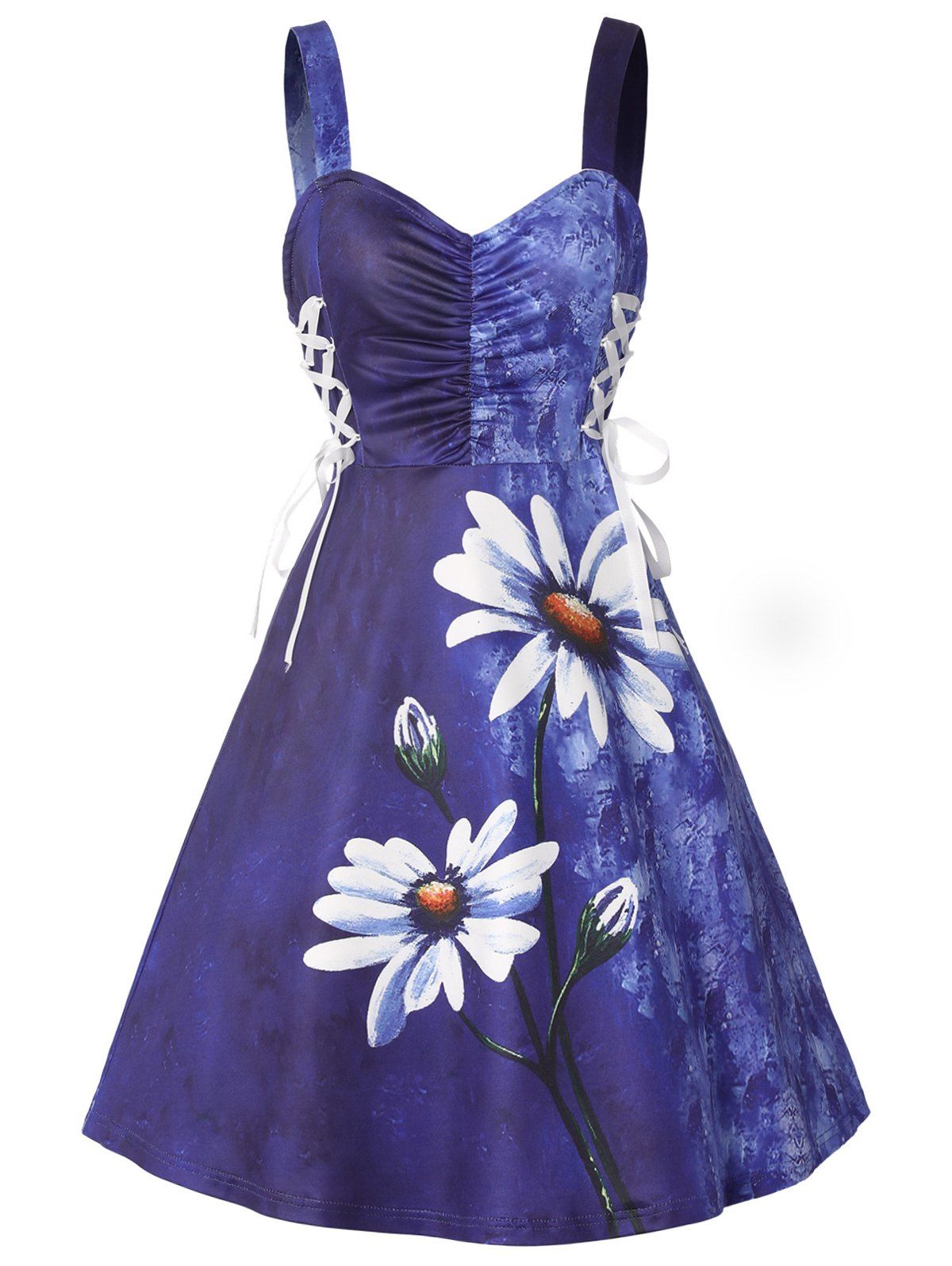 Flower Print Lace Up Tie Dye Ruched Mini Dress - LIGHT BLUE M