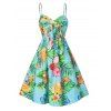 Tropical Print Beach Sundress Floral Fruit Knotted Front Summer Cami Empire Waist Dress - multicolor M