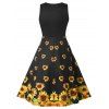 Sunflower Print Sundress Lace Up A Line Dress - BLACK XXL