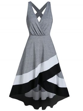 Colorblock High Low Dress Cross Back Surplice Plunge Midi Dress Casual Sleeveless Asymmetric Dress