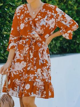 Garden Party Dress Chiffon Vacation Dress Flower Print Belted Flare Sleeve Surplice A Line Mini Summer Casual Dress