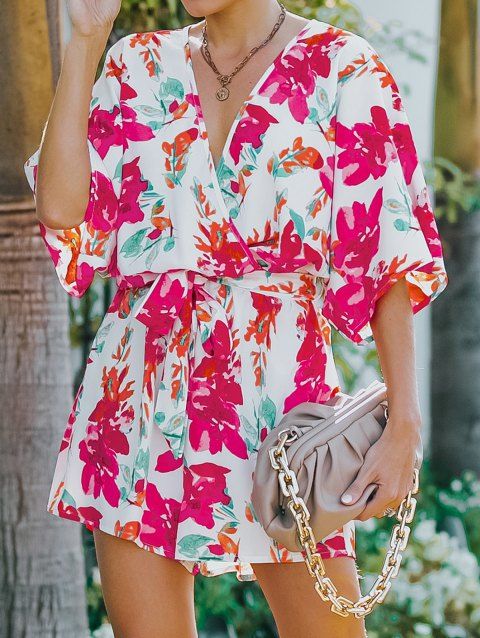 Vacation Romper Allover Floral Print Belted Surplice Half Sleeve High Waist Casual Outfit