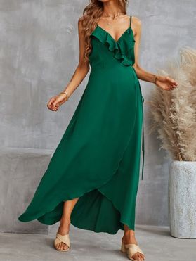 Chiffon Dress Solid Color Ruffle Sleeveless Slit Tied Asymmetrical Hem Wrap A Line Maxi Summer Dress