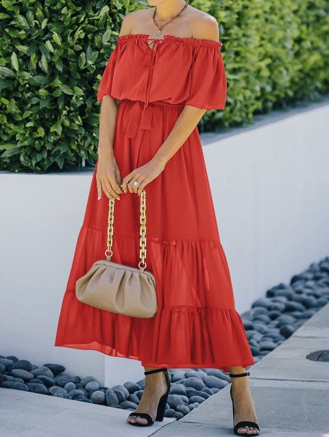 Summer Dress Chiffon Solid Color Off the Shoulder Belted Tied A Line Midi Tiered Casual Dress
