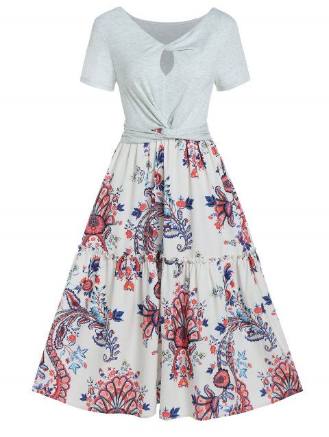 Vacation Midi Dress Colorblock Twisted Cut Out Flower Print High Waist A Line Summer Casual Dress