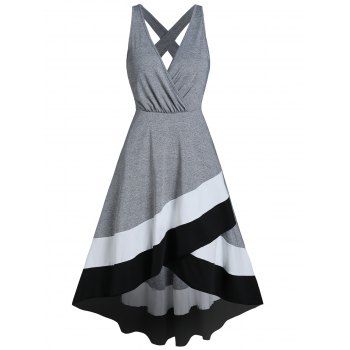 

Colorblock High Low Dress Cross Back Surplice Plunge Midi Dress Casual Sleeveless Asymmetric Dress, Light gray