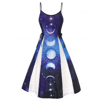 

Midi Casual Sundress Star Sun Moon Galaxy Print Lace Up High Waist Sleeveless A Line Summer Dress, Multicolor