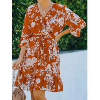 

Chiffon Dress Flower Print Belted Flare Sleeve Surplice A Line Mini Summer Casual Dress, Orange