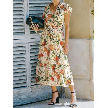 

Vacation Dress Flower Print Belted Plunging Neck Flutter Sleeve A Line Midi Summer Casual Chiffon Dress, Yellow