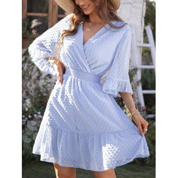 

Garden Party Dress Swiss Dots Casual Vacation Dress Solid Color V Neck Flutter Sleeve A Line Mini Summer Dress, Light blue