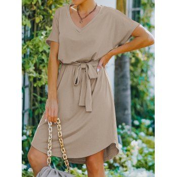 

Garden Party Dress Casual Vacation Dress Solid Color Belted V Neck Short Sleeve High Waist A Line Mini Summer Dress, Light coffee