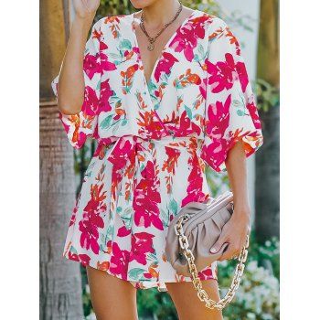 

Vacation Romper Allover Floral Print Belted Surplice Half Sleeve High Waist Casual Outfit, Light pink