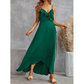 

Chiffon Dress Solid Color Ruffle Sleeveless Slit Tied Asymmetrical Hem Wrap A Line Maxi Summer Dress, Green