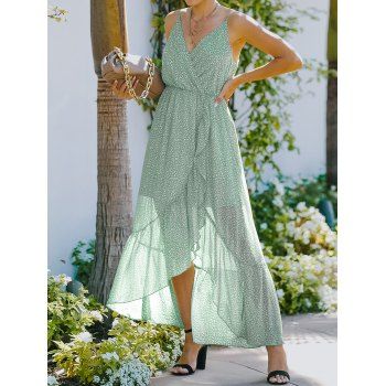 

Chiffon Sundress Printed Slit High Waist Sleeveless V Neck High Low Maxi Summer Casual Dress, Green