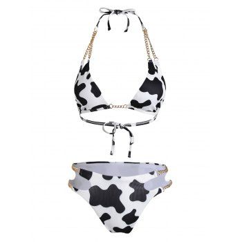 

Beach Animal Print Bikini Swimsuit Cow Print Chain Tied Back High Cut Open Back Halter Swimwear, White