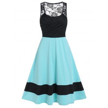 

Summer Colorblock A Line Dress Crossover Rose Lace Insert Sleeveless Party Dress, Light blue