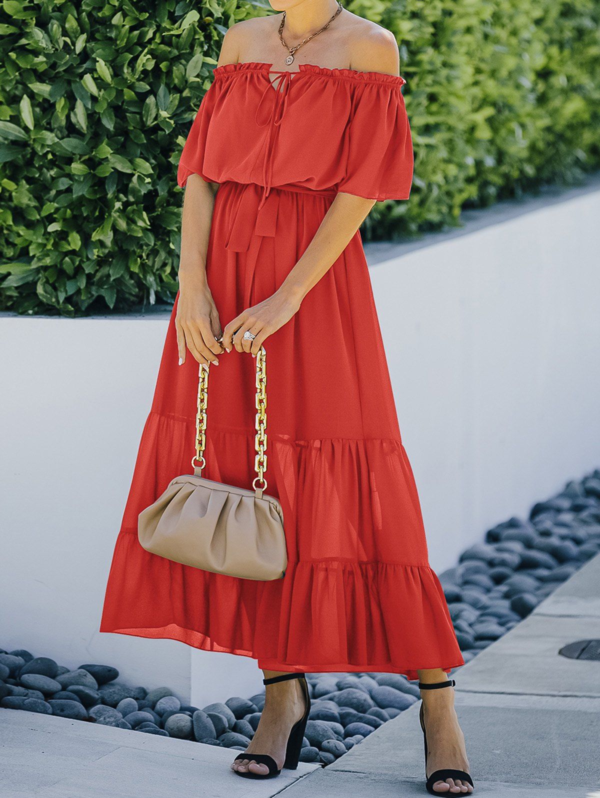 Summer Dress Chiffon Solid Color Off the Shoulder Belted Tied A Line Midi Tiered Casual Dress - RED XL