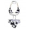 Beach Animal Print Bikini Swimsuit Cow Print Chain Tied Back High Cut Open Back Halter Swimwear - WHITE S