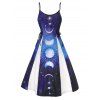 Midi Casual Sundress Star Sun Moon Galaxy Print Lace Up High Waist Sleeveless A Line Summer Dress - multicolor XXL
