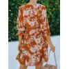 Garden Party Dress Chiffon Vacation Dress Flower Print Belted Flare Sleeve Surplice A Line Mini Summer Casual Dress - ORANGE L