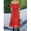 Summer Dress Chiffon Solid Color Off the Shoulder Belted Tied A Line Midi Tiered Casual Dress - RED XL