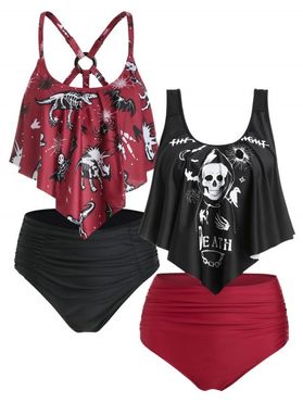 Gothic Skull Graphic Tummy Control Ruched High Waist Tankini Swimwear and Dinosaur Skeleton Print Strappy Padded Tankini Swimsuit Summer Beach Outfit