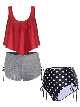 Striped Flounce Overlay Cinched Mix and Match Tankini Swimwear and Polka Dots High Rise Tie Swim Briefs Summer Beach Outfit