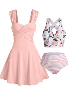 Pure Color Crossover Flare Mini Dress And Floral Stripe Print Knot Crisscross Tankini Swimsuit Summer Outfit
