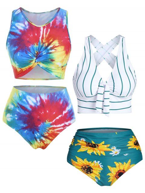 Tummy Control Cross Contrast Striped Sunflower Print Bikini Swimsuit and Bright Tie Dye Twisted Tankini Swimwear Summer Beach Outfit
