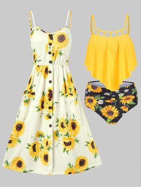 Cut Out Sunflower Overlay Tummy Control Tankini Swimsuit and Floral Print Button Up A Line Cami Sundress Summer Beach Outfit