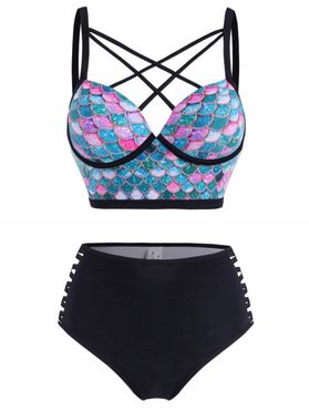 Plus Size Tankini Swimsuit Colored Mermaid Print Crisscross High Waist Ladder Cut Out Underwire Push Up Tummy Control Swimwear