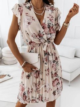 Chiffon Dress Flower Print Dress High Waist Surplice Flutter Sleeve Belted Pleated A Line Mini Summer Dress