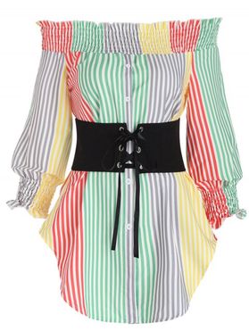 Vacation Shirt Colored Striped Floral Print Off the Shoulder Corset Lace Up Ruched Long Sleeve Casual Shirt