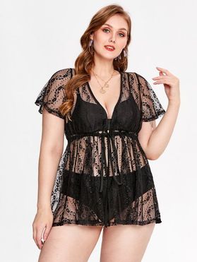 Plus Size Tie Sheer Lace Plunging Cover Up