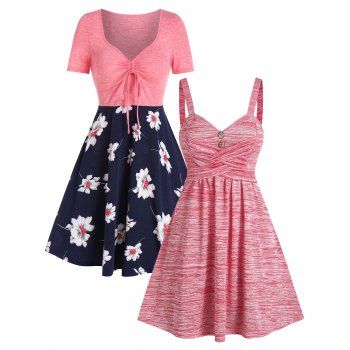 

Flower Print Drawstring Fit And Flare Dress And Space Dye Print Crisscross Mini Dress Summer Outfit, Multicolor