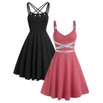 

Sleeveless Rhinestone Ring Cross Sequin Panel Mini Flare Dress and Criss Cross Grommet High Waist Cami Dress Summer Casual Outfit, Multicolor