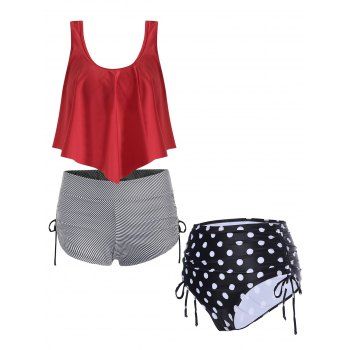 

Striped Flounce Overlay Cinched Mix and Match Tankini Swimwear and Polka Dots High Rise Tie Swim Briefs Summer Beach Outfit, Multicolor