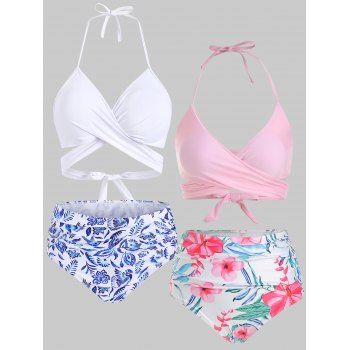 

Flower Print Crisscross Tied Back Ruched Halter Tummy Control Bikini Swimwear and High Waist Tropical Floral Print Bikini Swimsuit Summer Beach Outfit, Multicolor